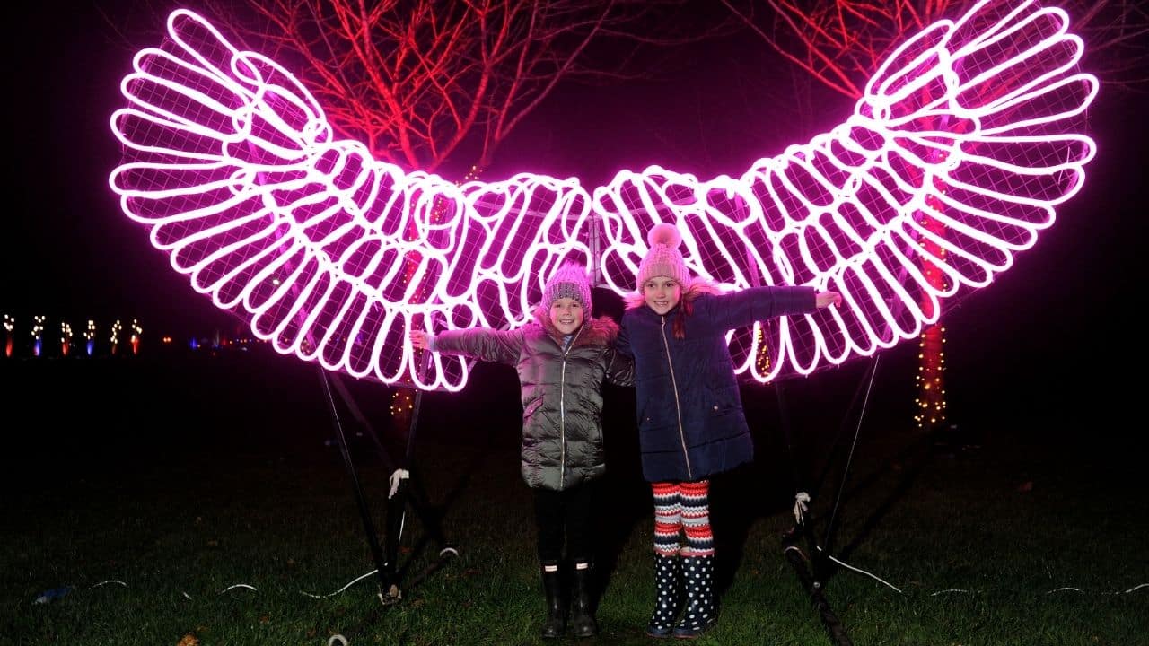 people posing in front of pink illuminated angel wings.