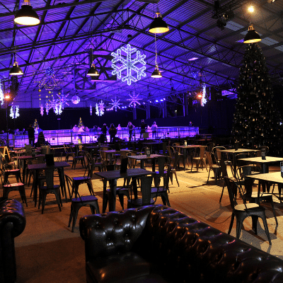 the seating area by the ice rink where you can enjoy a hot drink and snack from the ice cafe.