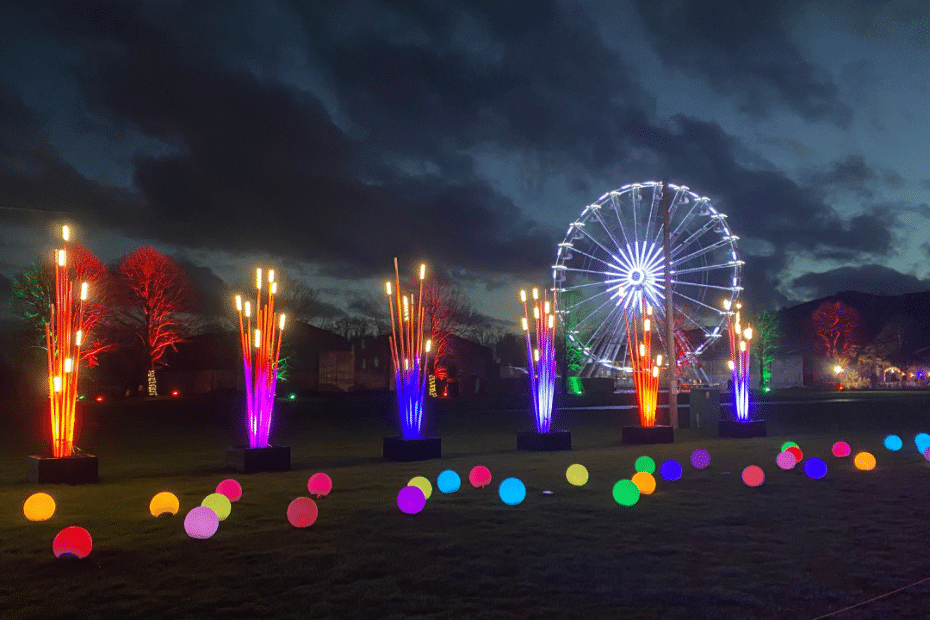 observation wheel and light display at winter glow.