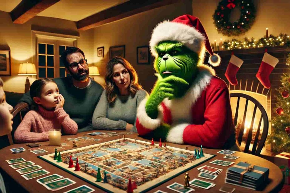 The Grinch, sitting at a table playing a board game with a human family, deep in thought about his strategy