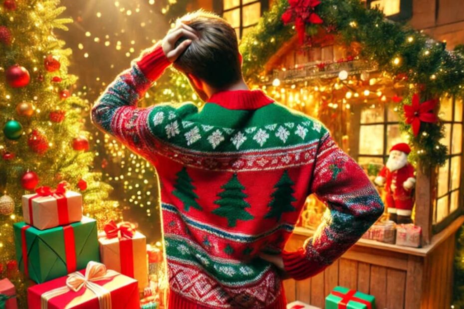 a man in a vibrant Christmas sweater, standing with his back to the camera, in front of a Christmas gift pile